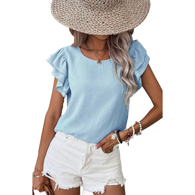 Summer Solid Color Petal Sleeve Pullover